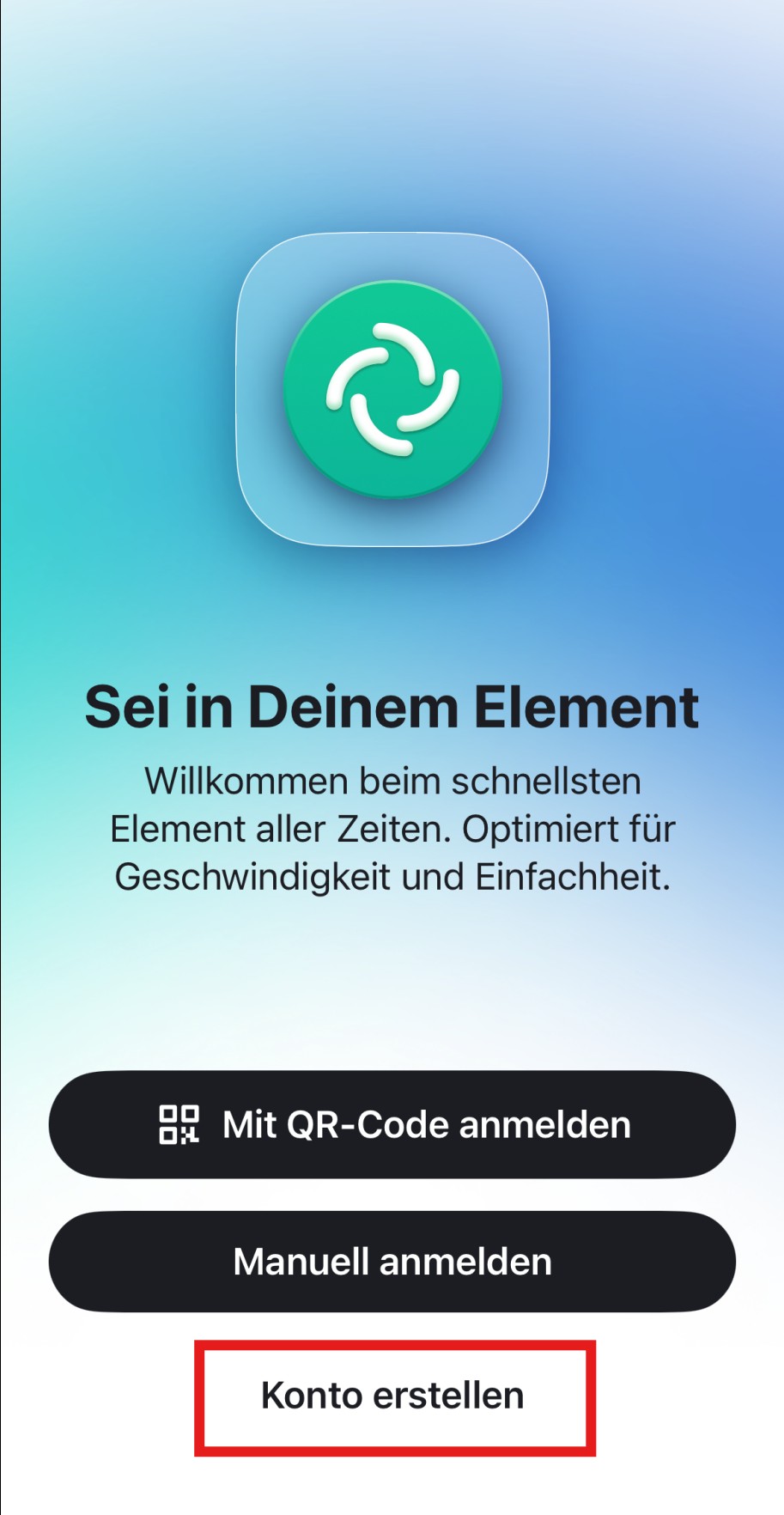 Willkommensbildschirm der Element App.