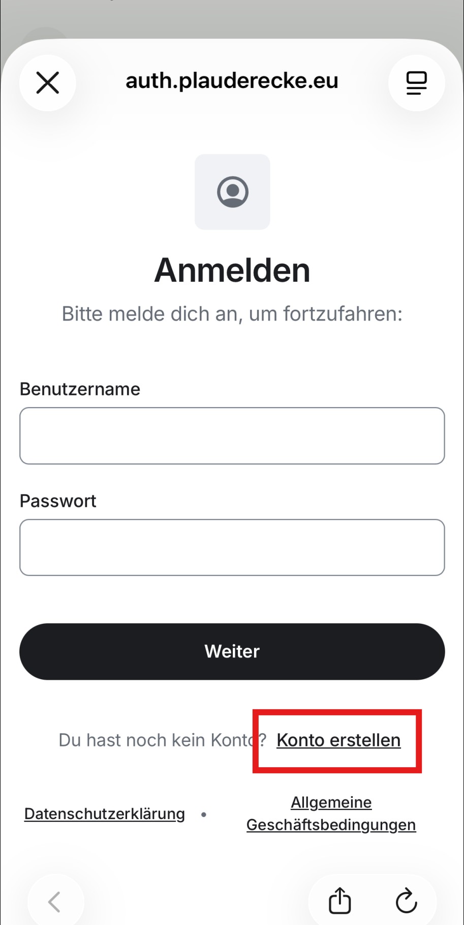 Auswahl „Konto erstellen
