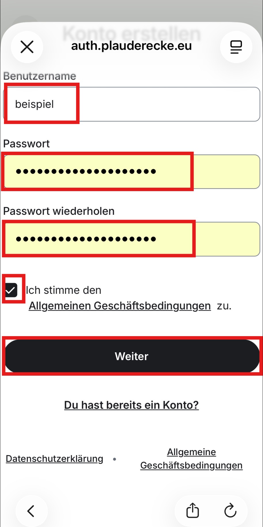 Eingabemaske für Benutzername und Passwort.