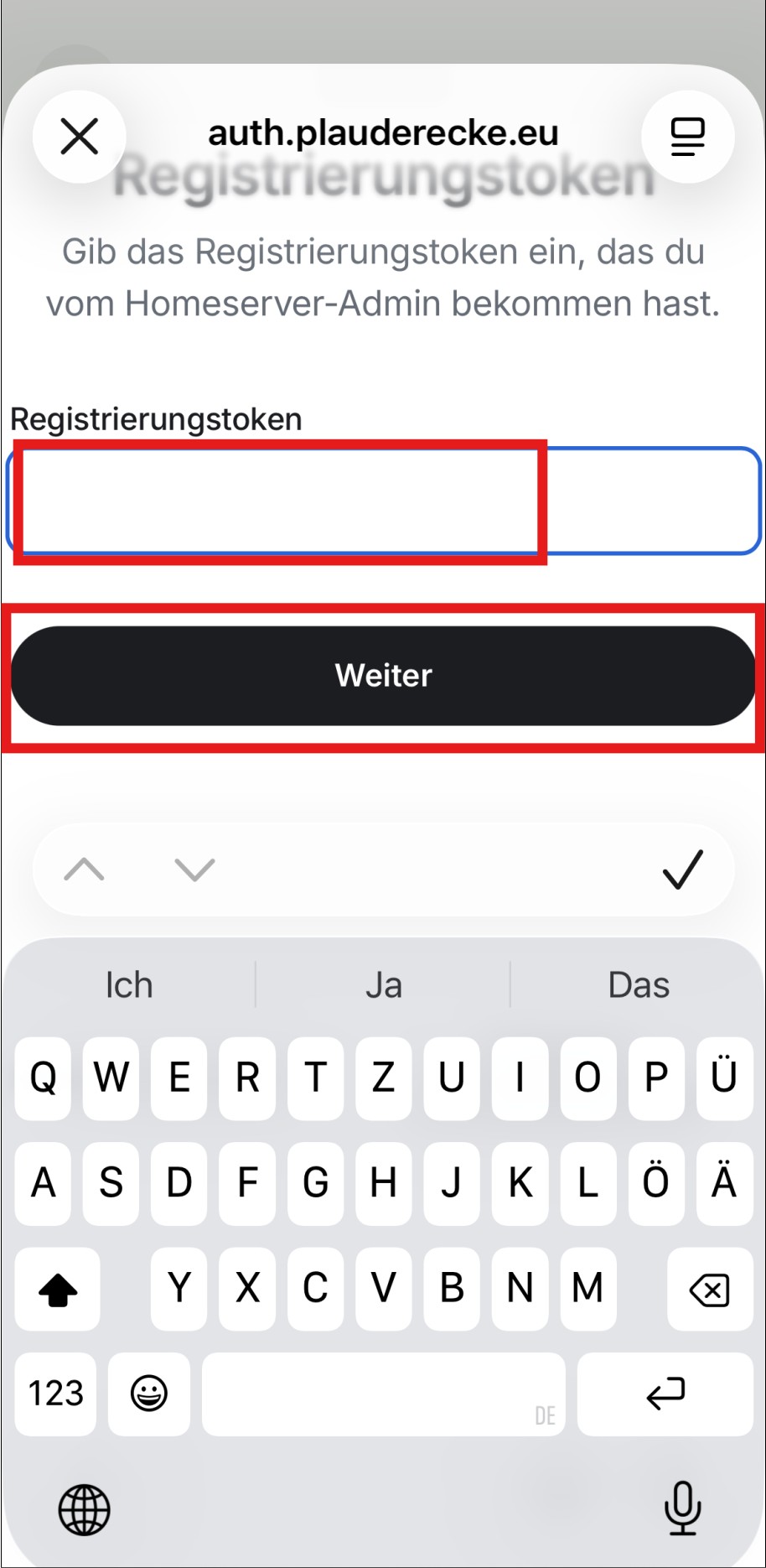 Eingabefeld für den Einladungs-Token.